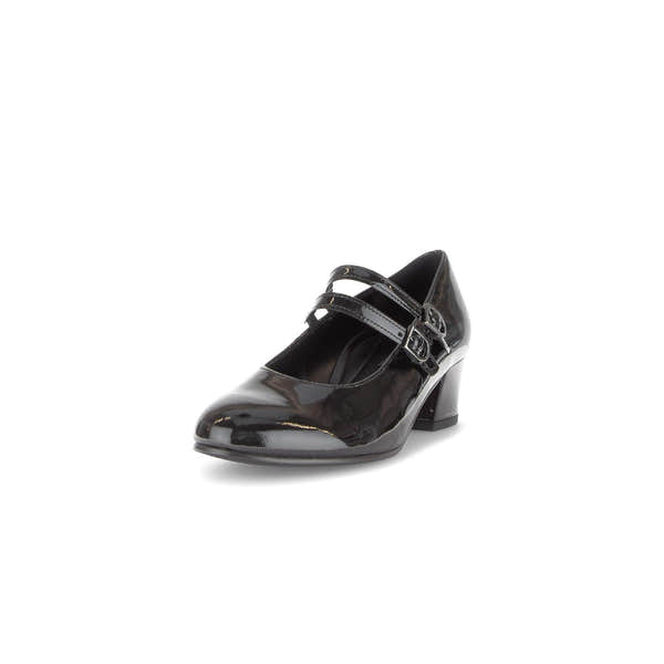 Gabor Belva black patent leather women's buckle heel shoes with dual straps and chunky heel.