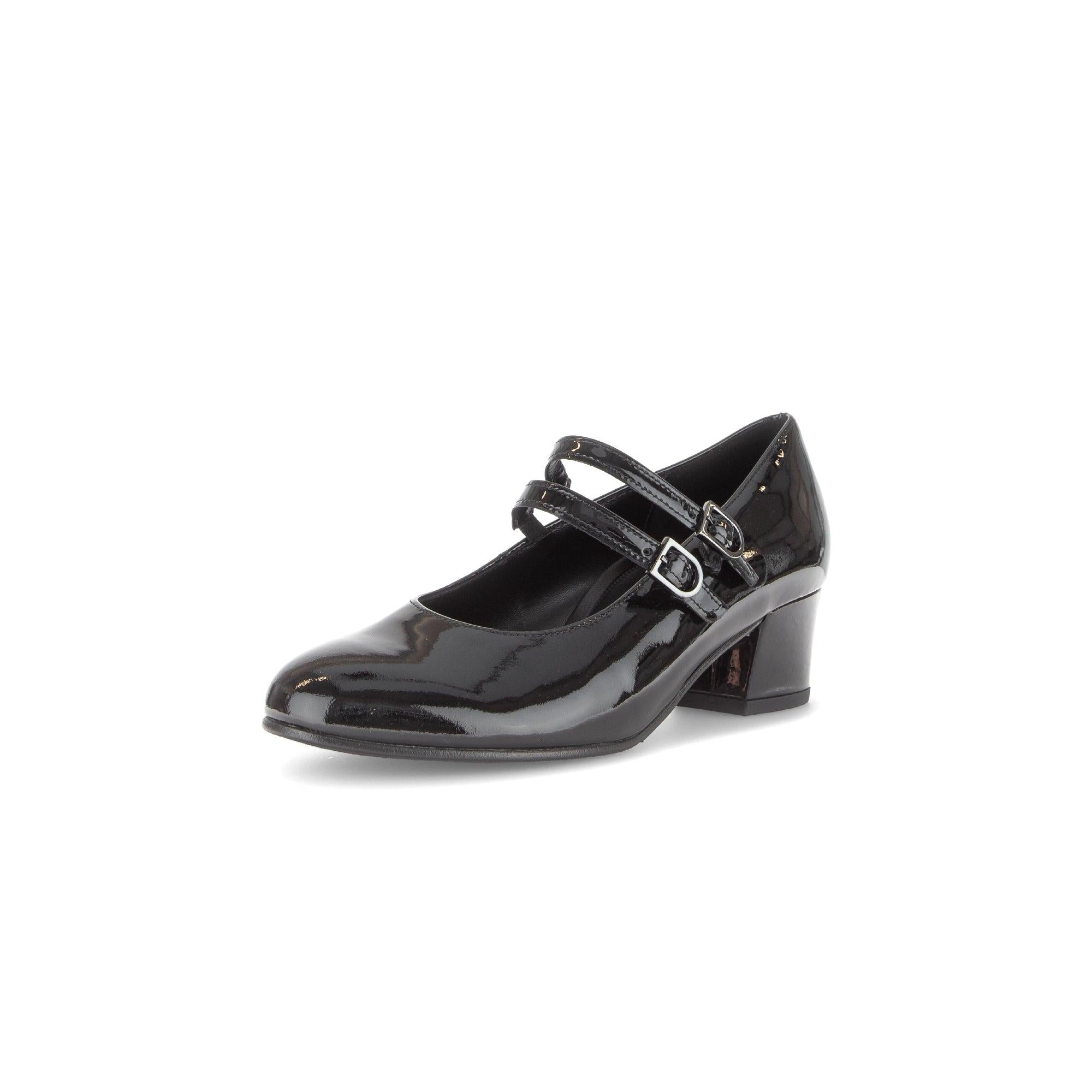 Gabor Belva women's black patent leather heel with double buckle straps and chunky heel.