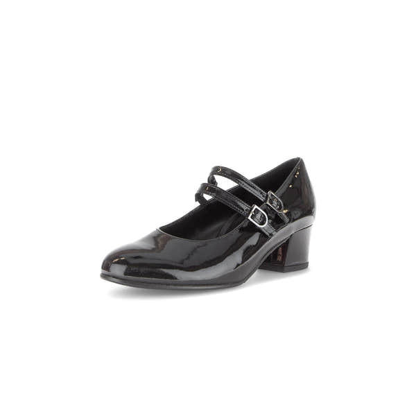 Gabor Belva women's black patent leather heel with double buckle straps and chunky heel.