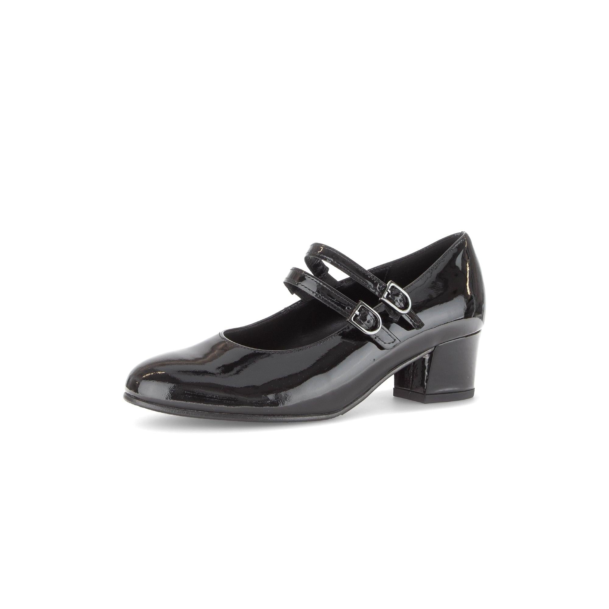 Gabor Belva women's black patent leather heel with double buckle straps and chunky block heel.