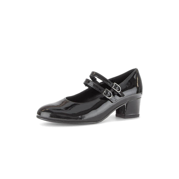 Gabor Belva women's black patent leather heel with double buckle straps and chunky block heel.