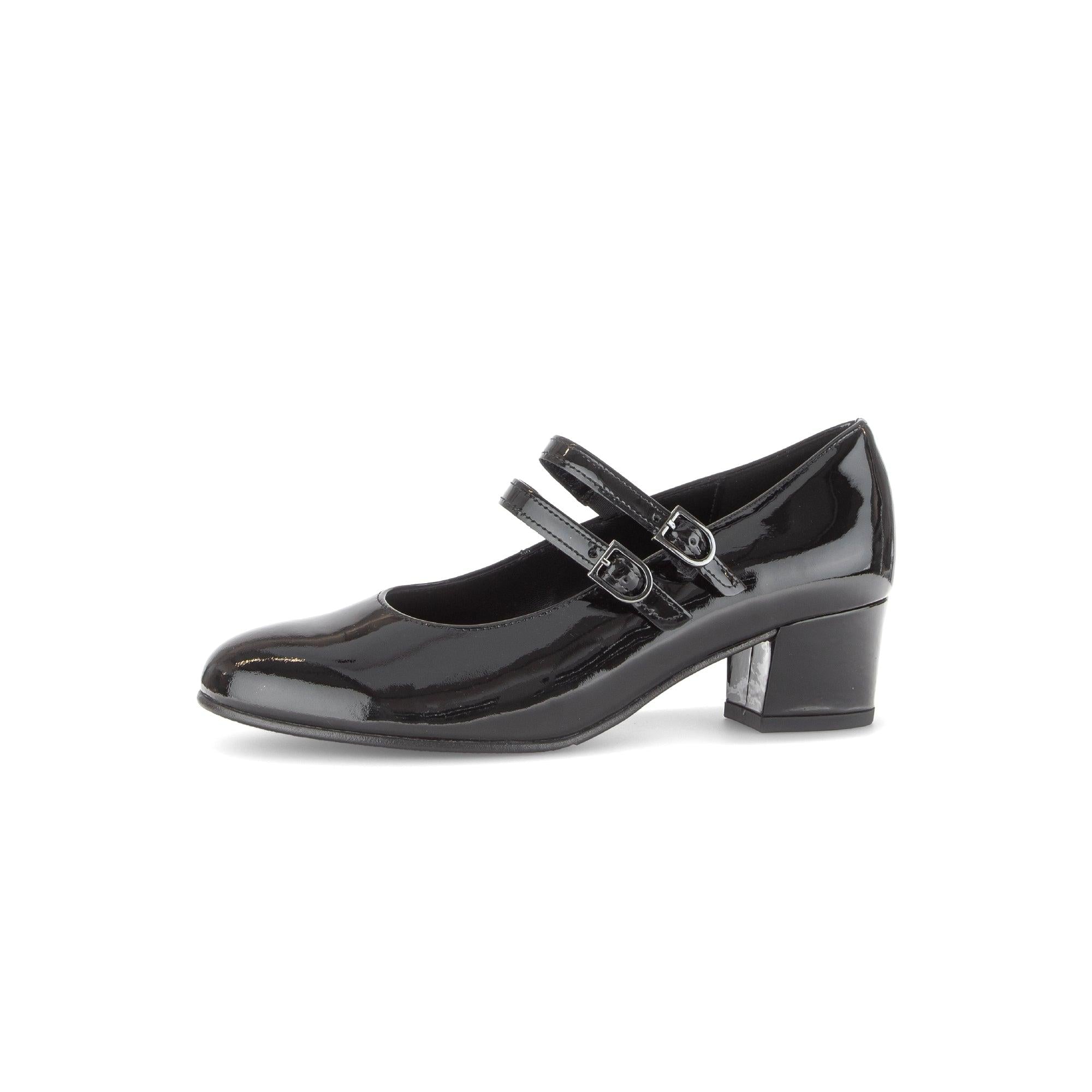 Gabor Belva women's black patent leather heeled Mary Jane shoes with buckles, block heel, and classic design.
