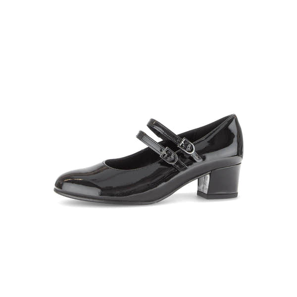 Gabor Belva women's black patent leather heeled Mary Jane shoes with buckles, block heel, and classic design.