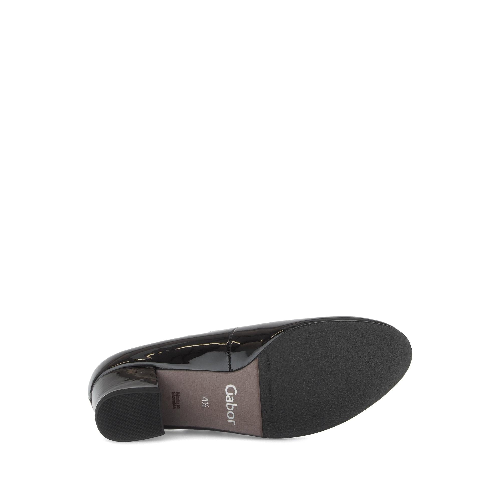 Gabor Belva women's black patent leather buckle heels, 72.212.87, with pointed toe and low block heel.