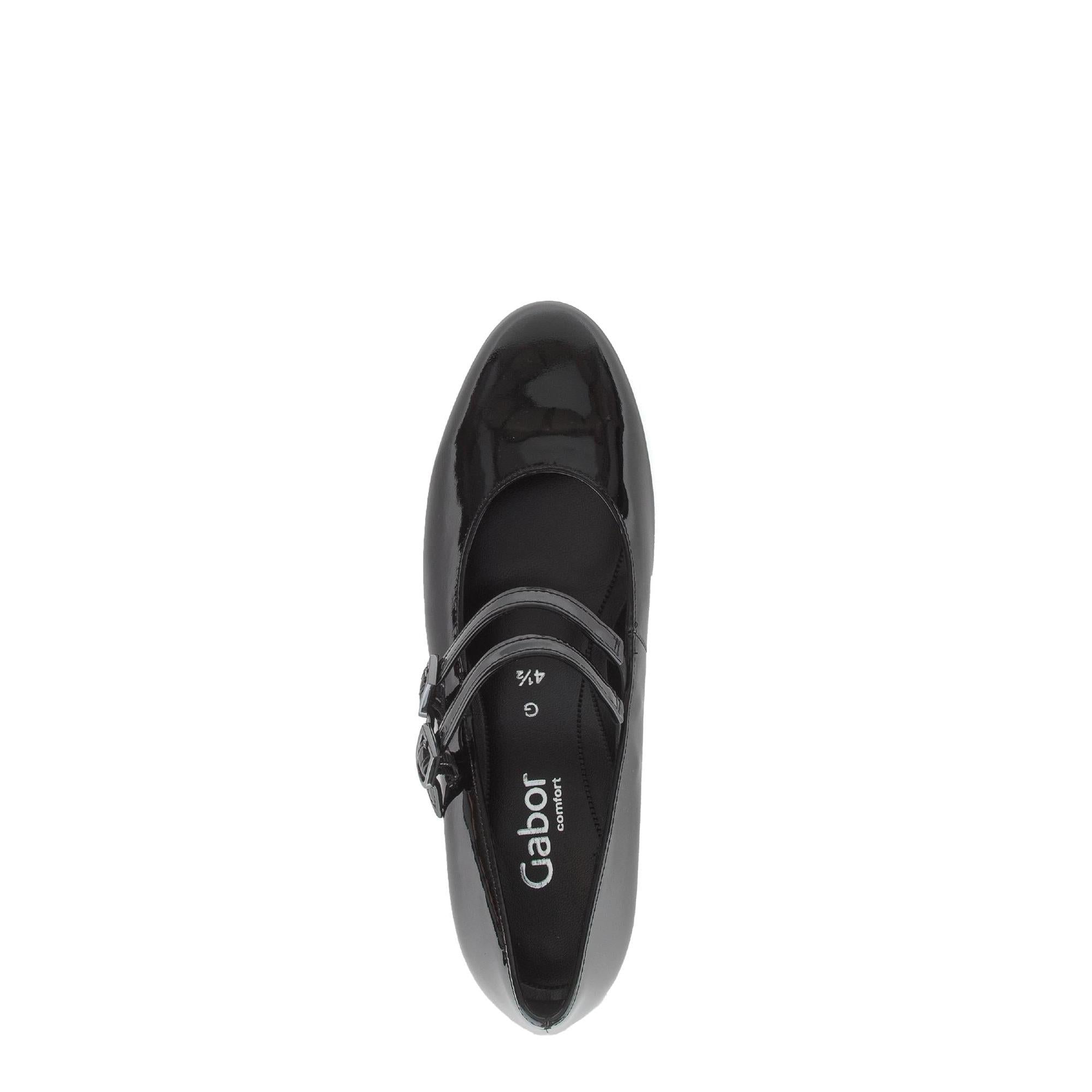 Gabor Belva women's black patent leather buckle heels with pointed toe and low heel, stylish and comfortable dress shoes.