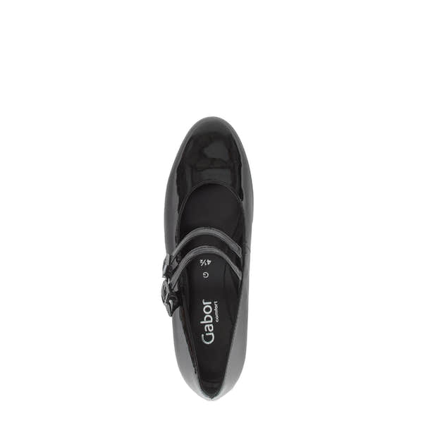 Gabor Belva women's black patent leather buckle heels with pointed toe and low heel, stylish and comfortable dress shoes.