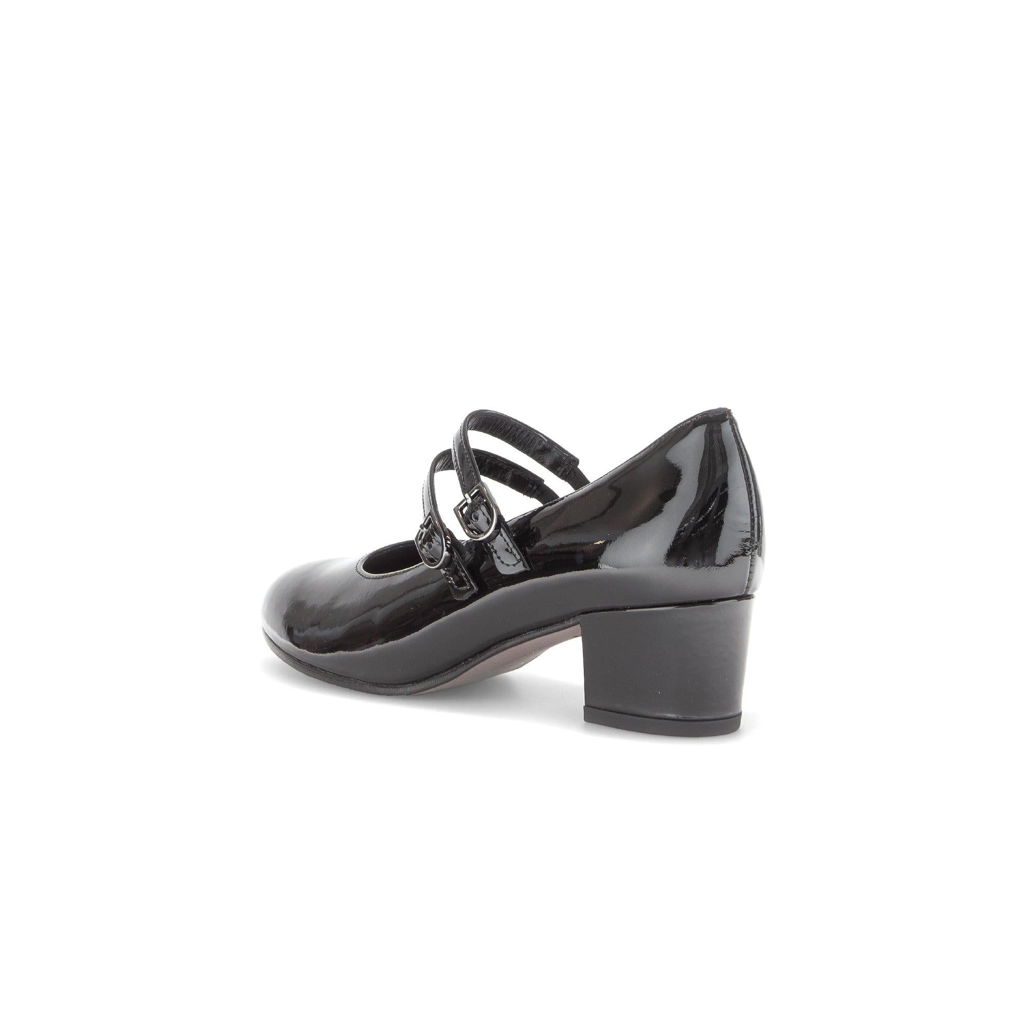 Gabor Belva women's black patent leather buckle heels with chunky mid-height heel and double ankle straps.