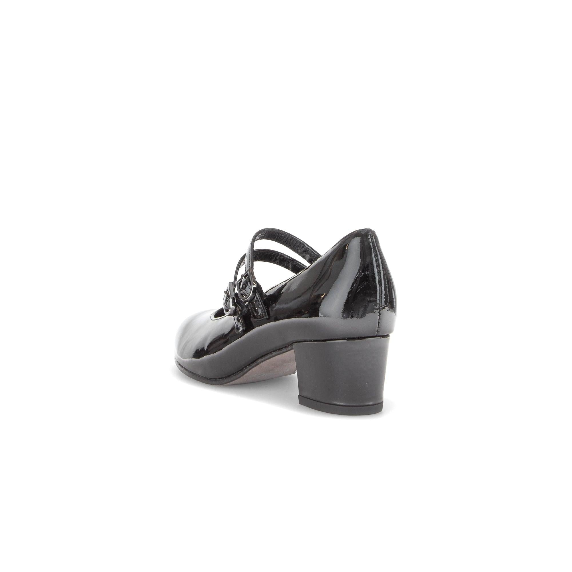 Gabor Belva black patent leather women's buckle heel shoes with mid-height chunky heel.