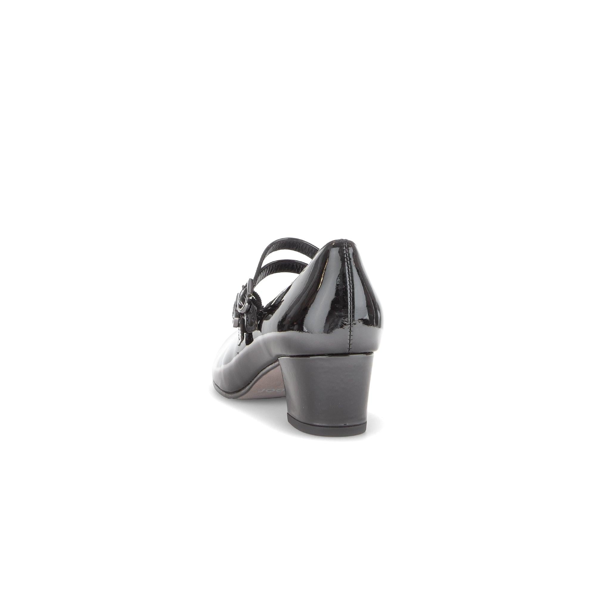 Gabor Belva women's black patent leather buckle heels with chunky block heel, back view, stylish and elegant footwear.