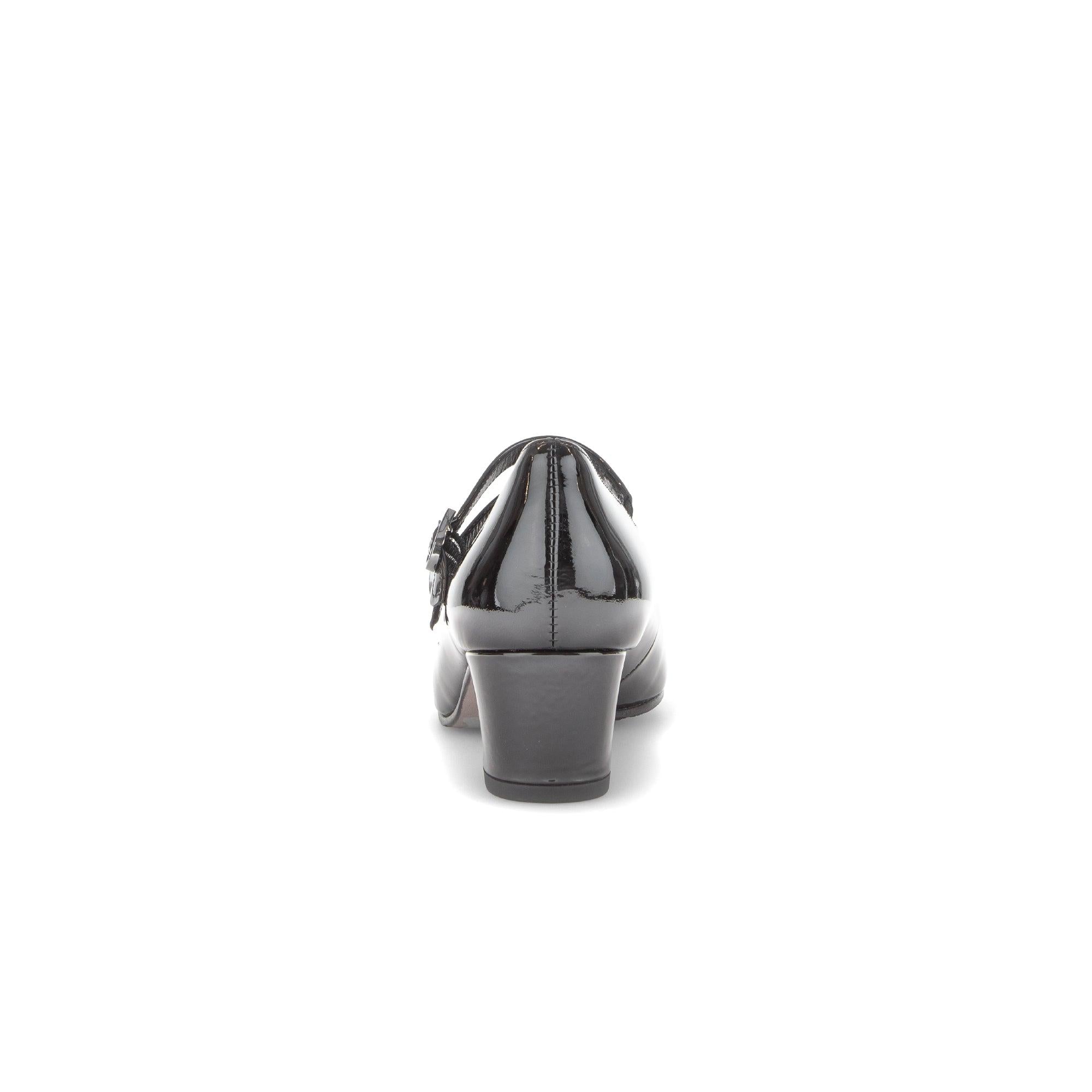 Gabor Belva women's black patent leather buckle heel shoe, back view, stylish and elegant footwear.
