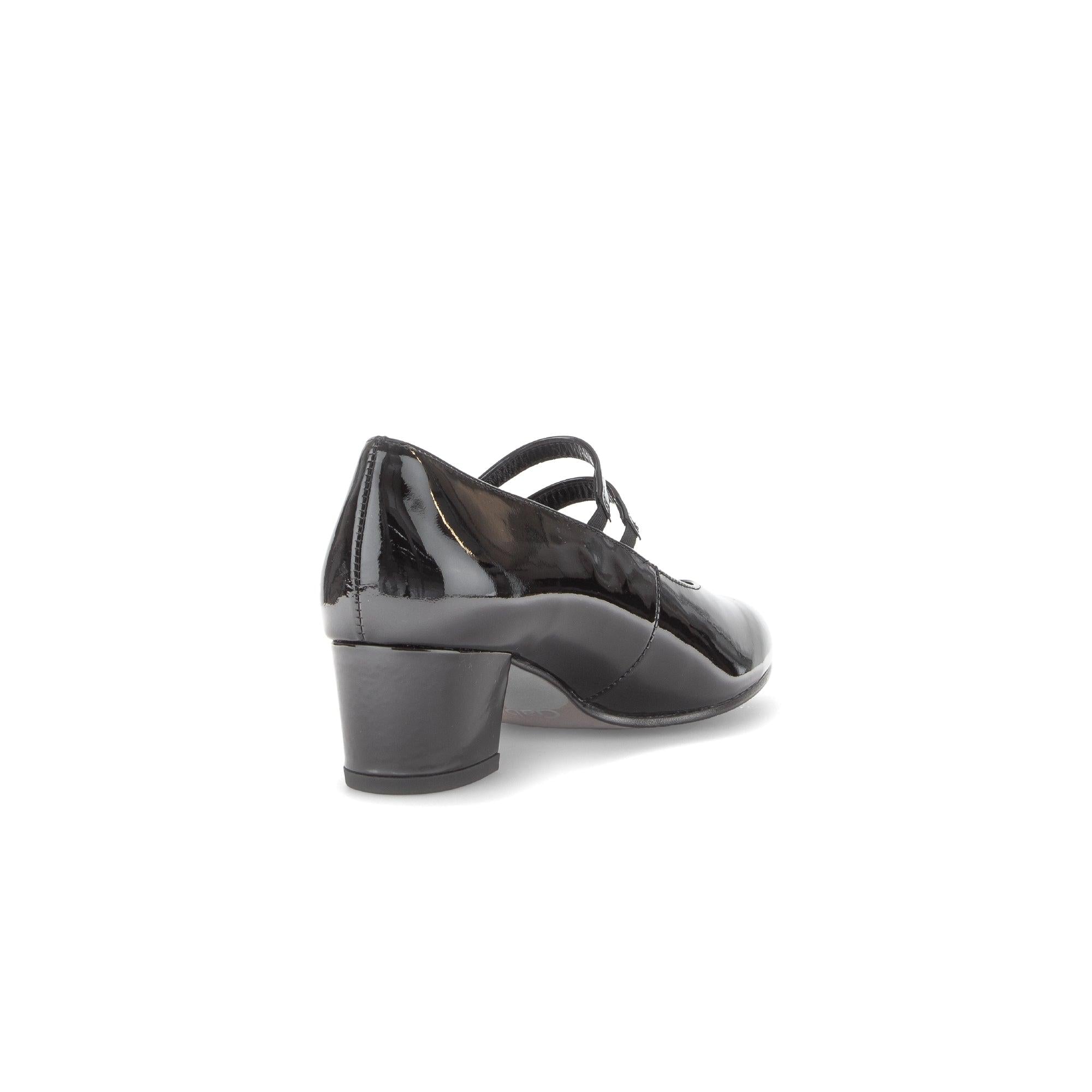 Gabor Belva Ladies Black Patent Leather Buckle Heels with Chunky Block Heel, stylish dress shoes for women.