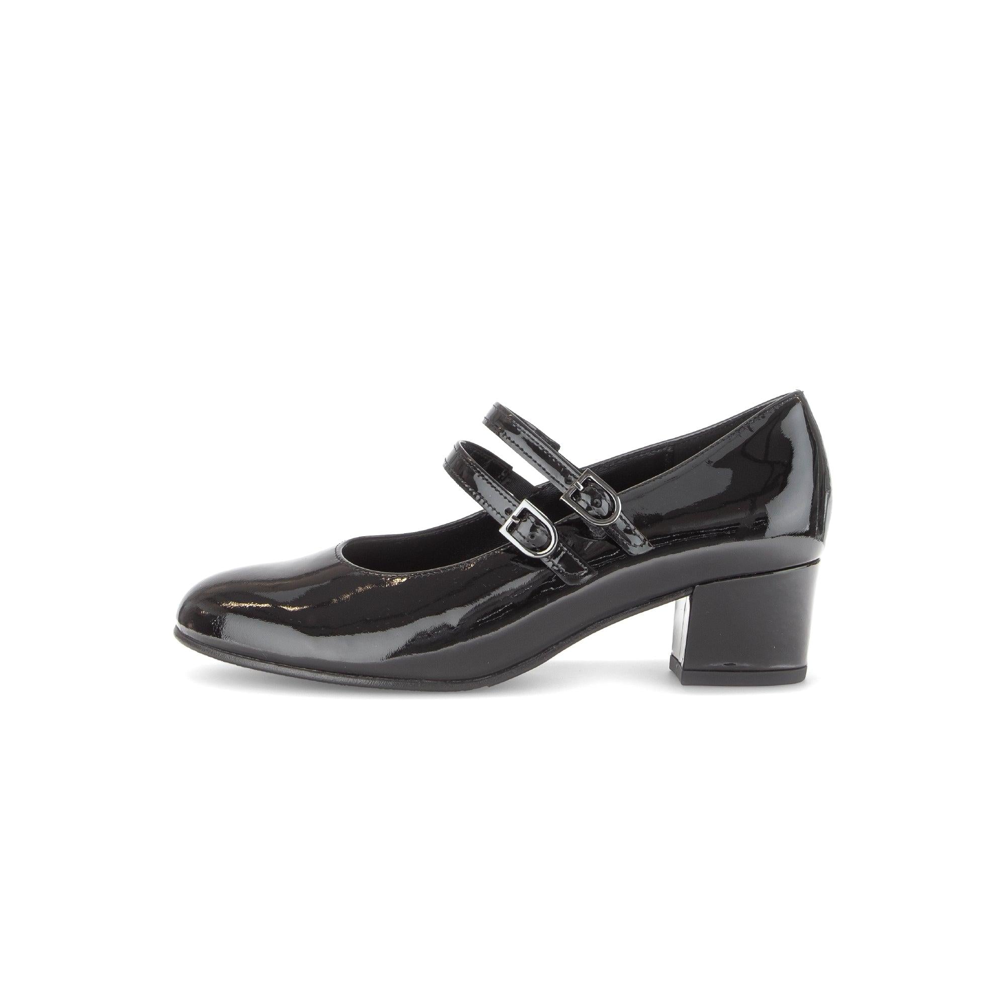 Gabor Belva Ladies Black Patent Leather Buckle Heels with Chunky Block Heel and Double Straps