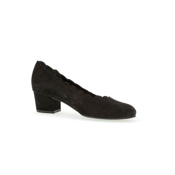 Gabor Gigi black suede slip-on heels for women with scalloped edges and a chunky mid-height heel.