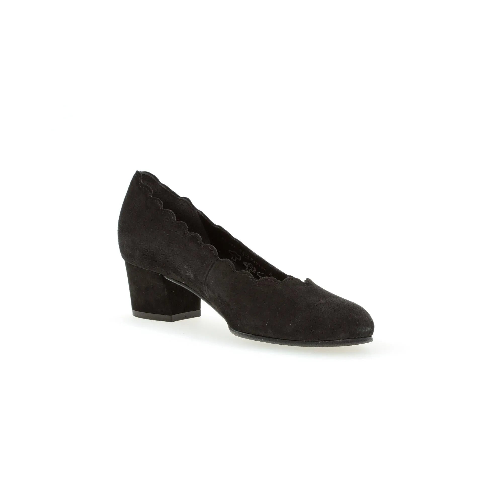 Gabor ladies' black suede slip-on heels with scalloped edges and block heel, stylish and comfortable for everyday wear.