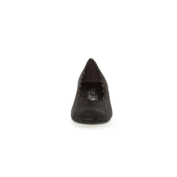 Black suede slip-on heel shoe for women, Gabor 72.221.47 Gigi style with low heel and pointed toe.