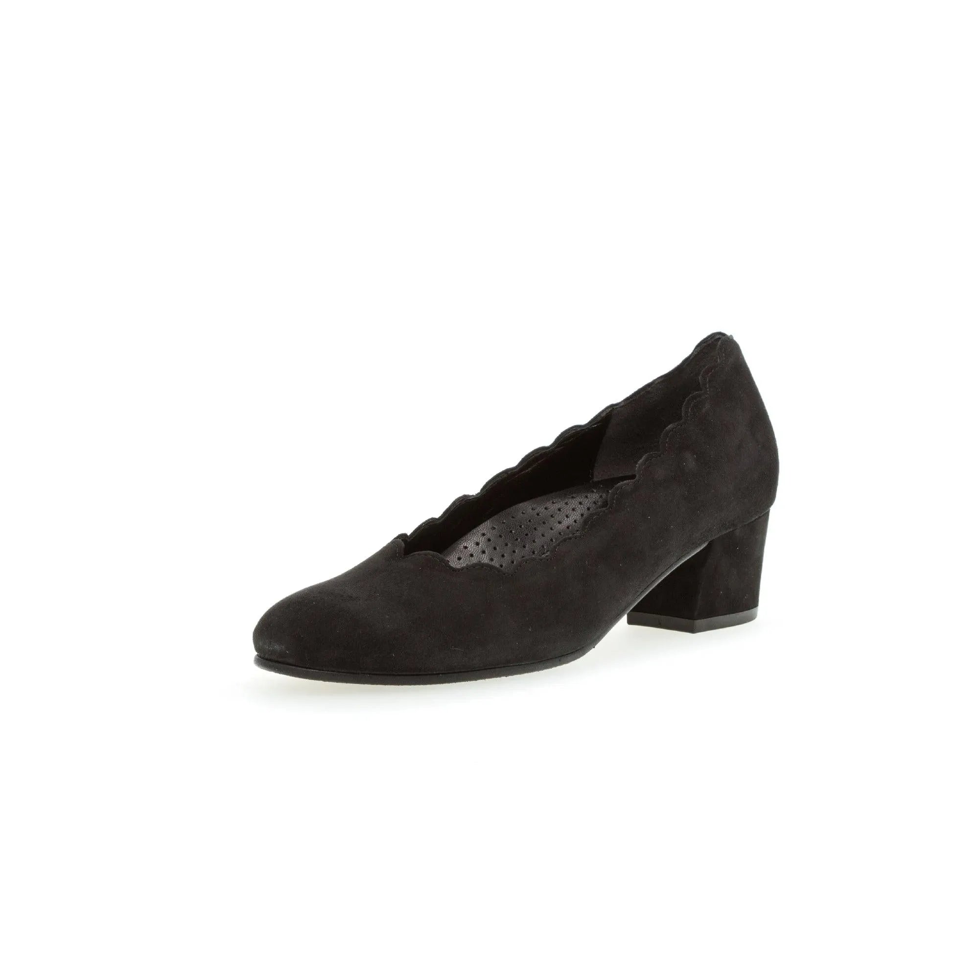 Black suede slip-on low heel shoe for women with scalloped edges and perforated inner sole.