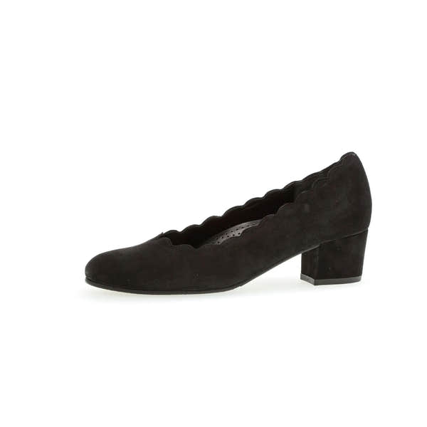 Gabor Gigi Ladies Black Suede Slip-On Heels with Scalloped Edges and Block Heel.