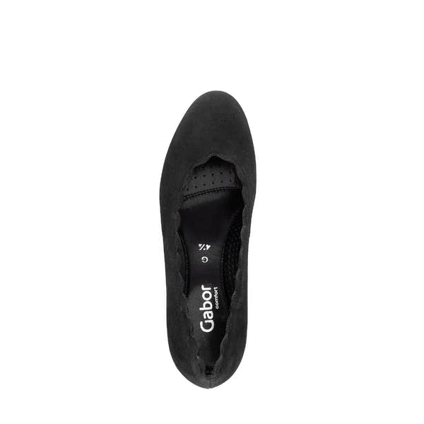 Black suede slip-on women's heels with low block heel and perforated insole by Gabor.