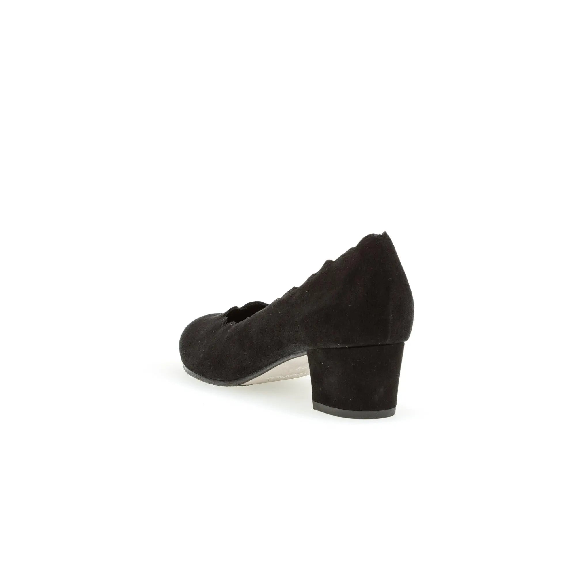 Black suede slip-on Gabor 72.221.47 Gigi women's heels with chunky block heel and rounded toe.