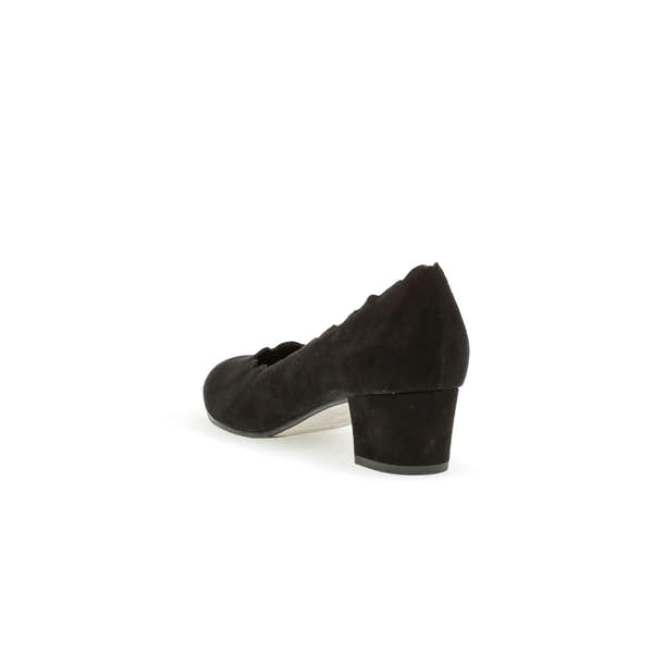 Black suede slip-on Gabor 72.221.47 Gigi women's heels with chunky block heel and rounded toe.