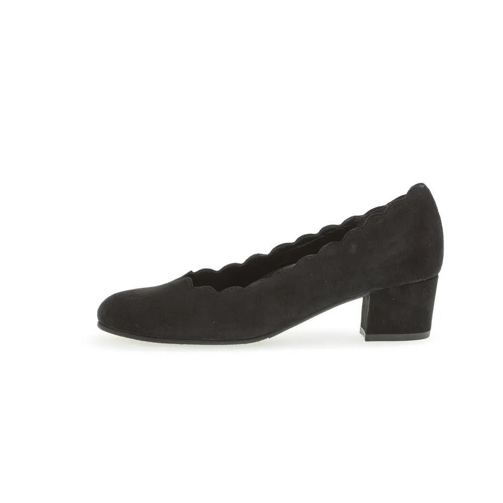 Gabor Gigi women's black suede slip-on heels with scalloped edges and a block heel.