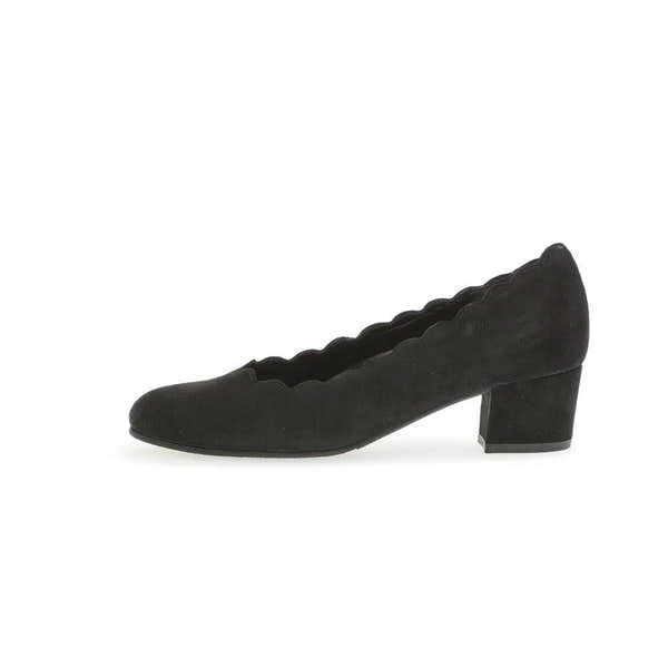 Gabor Gigi women's black suede slip-on heels with scalloped edges and a block heel.