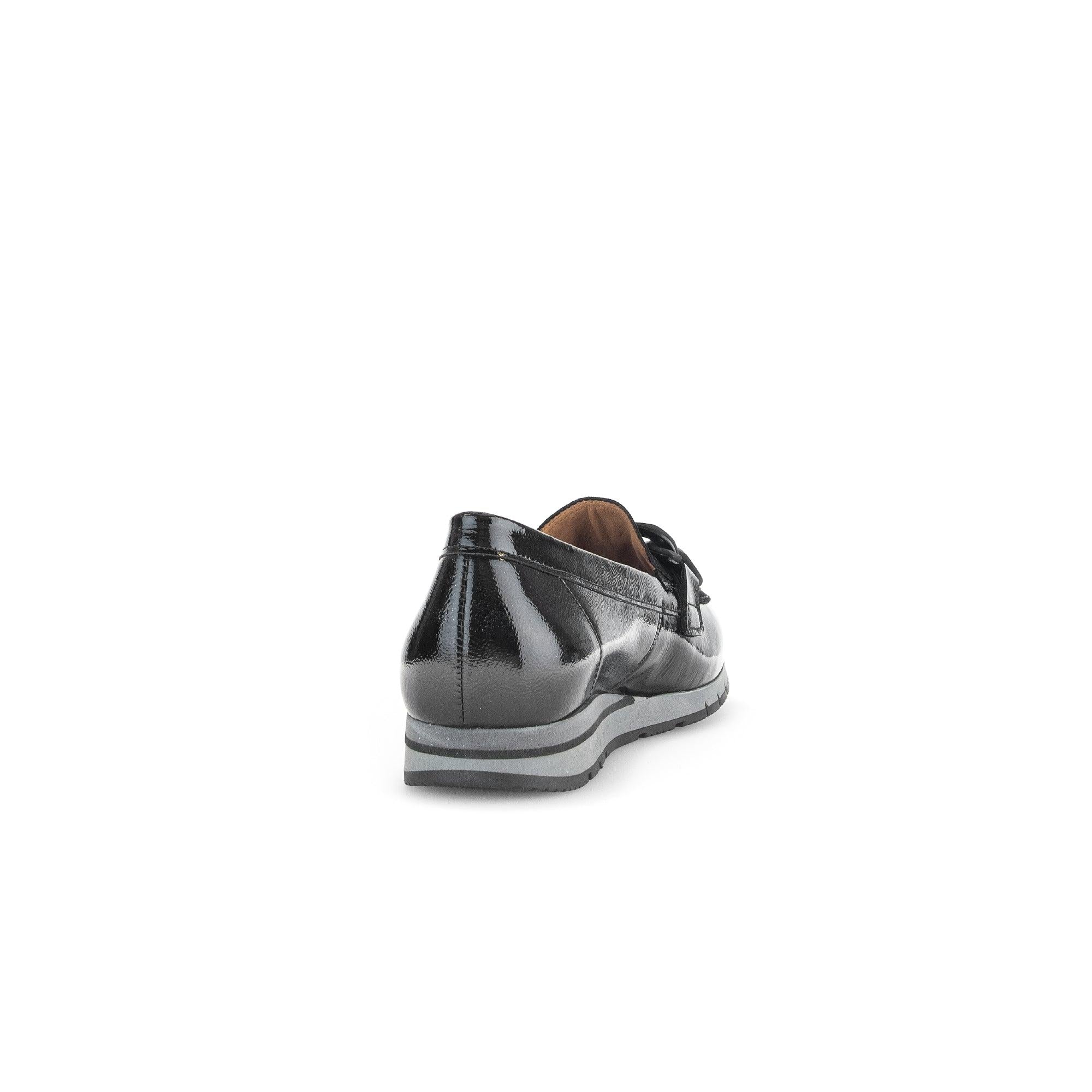 Gabor Bea Ladies Black Patent Leather Slip-On Loafers with cushioned gray sole, stylish and comfortable footwear for women.