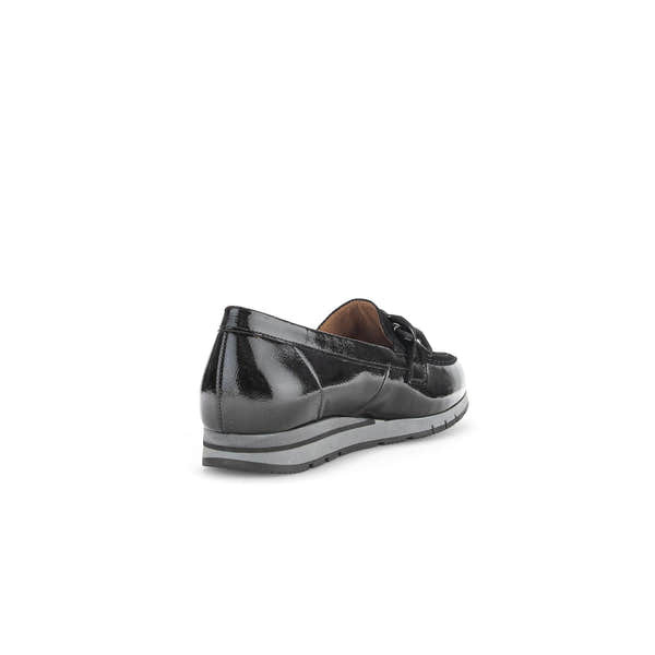 Gabor Bea Ladies Black Patent Leather Slip-On Loafers with cushioned sole and stylish design.