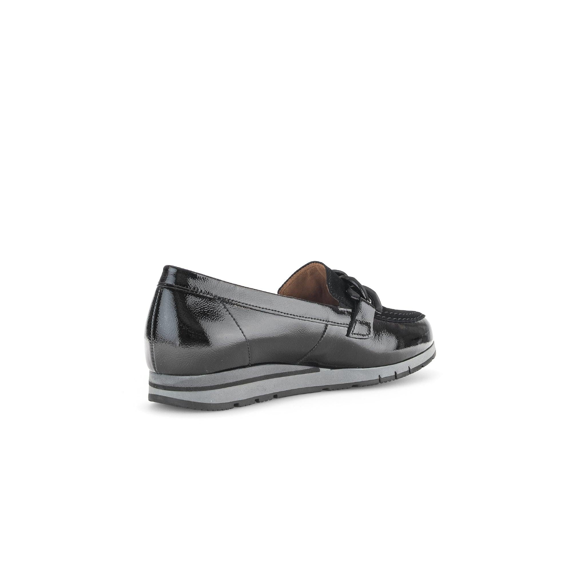 Gabor Bea Ladies Black Soft Patent Leather Slip-On Loafers with Cushion Sole, stylish and comfortable footwear for women.
