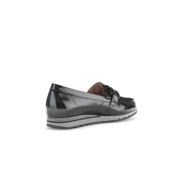 Gabor Bea Ladies Black Soft Patent Leather Slip-On Loafers with Cushion Sole, stylish and comfortable footwear for women.