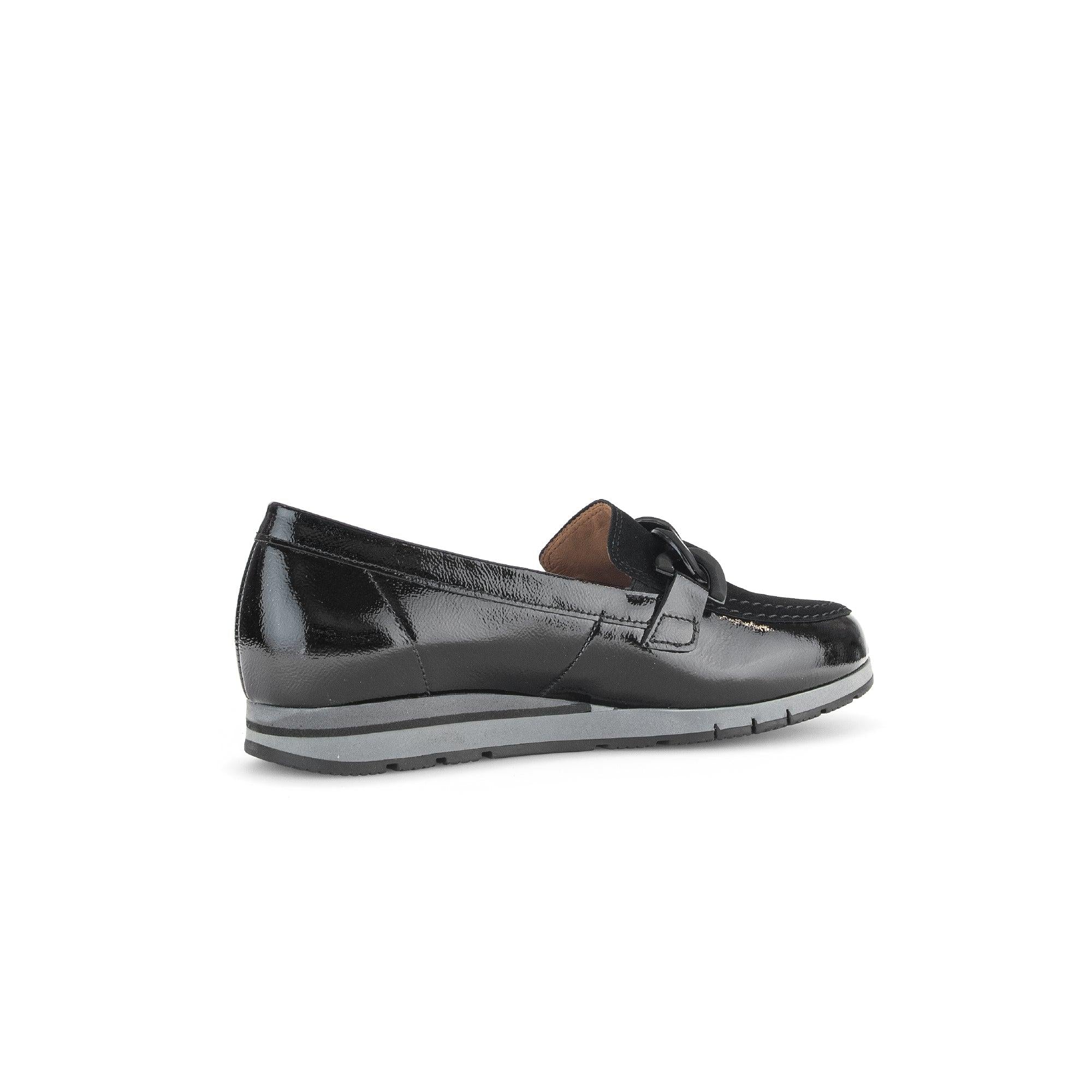 Gabor Bea Ladies Black Patent Leather Slip-On Loafers with cushion sole and sleek design.
