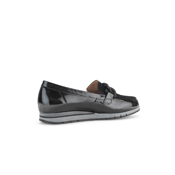 Gabor Bea Ladies Black Patent Leather Slip-On Loafers with cushion sole and sleek design.