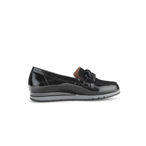 Gabor Bea women's black patent leather slip-on loafers with rubber outsole and decorative bow detail.