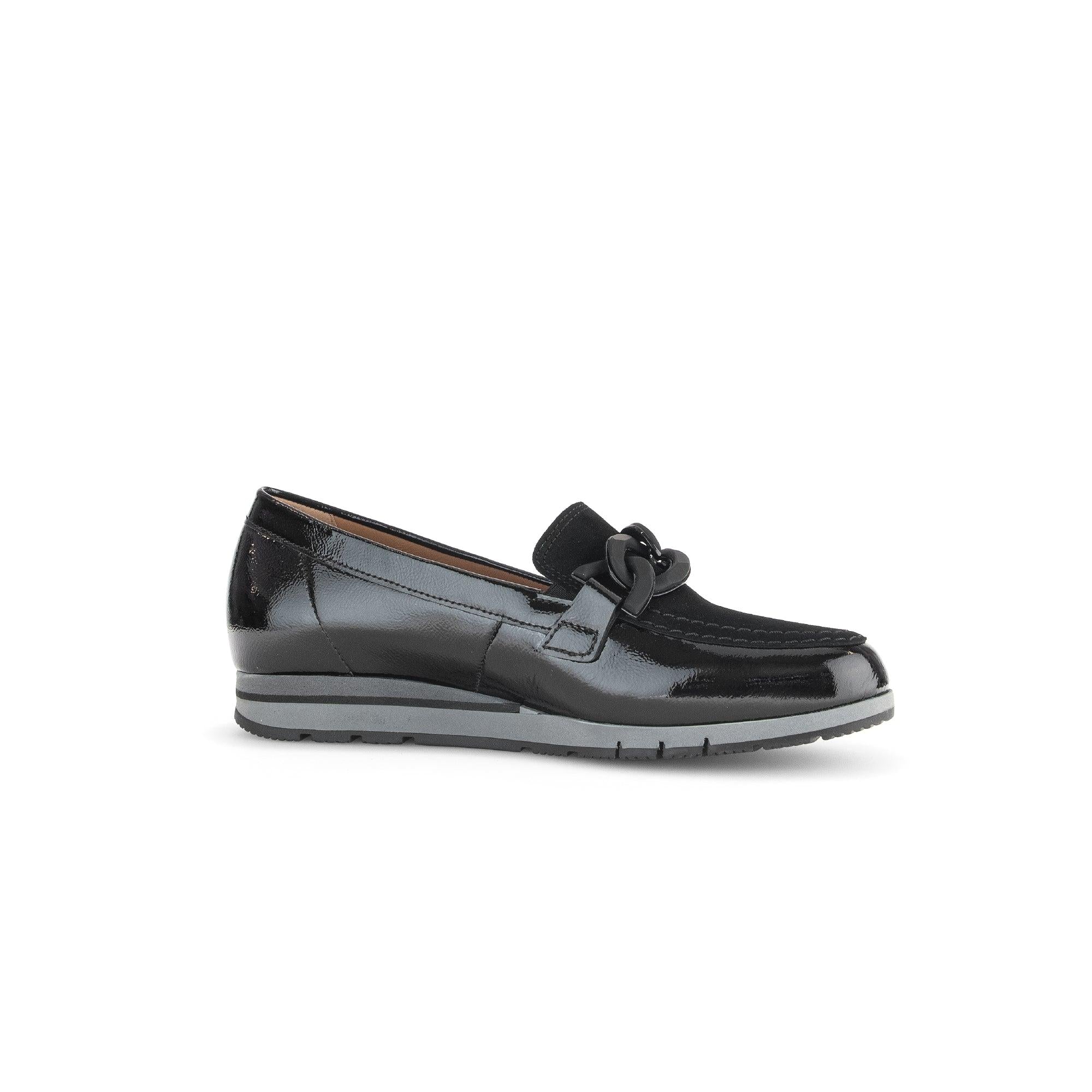 Gabor Bea Ladies Black Patent Leather Slip-On Loafers with decorative bow and cushioned sole.