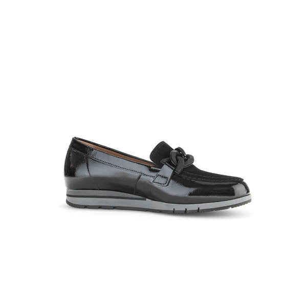 Gabor Bea Ladies Black Patent Leather Slip-On Loafers with decorative bow and cushioned sole.