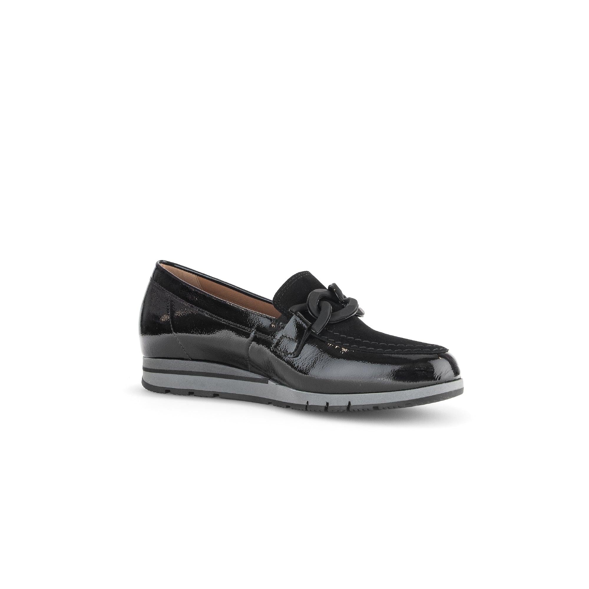 Gabor women's black patent leather slip-on loafer with decorative chain detail and cushioned gray sole.