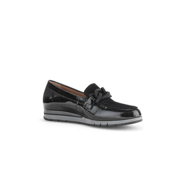 Gabor women's black patent leather slip-on loafer with decorative chain detail and cushioned gray sole.