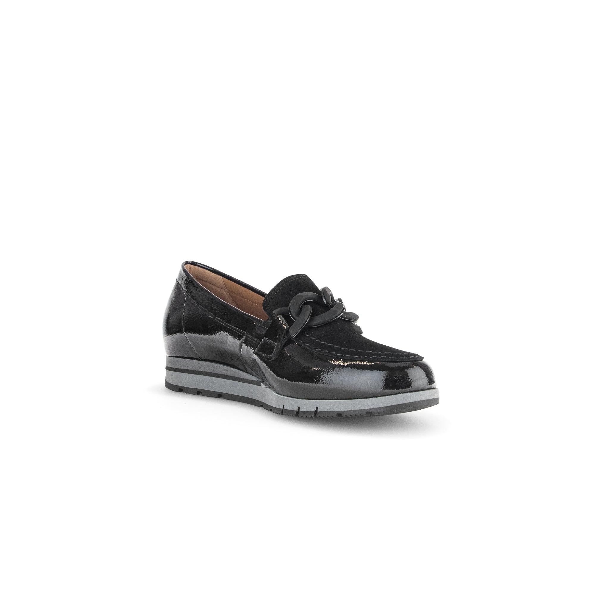 Gabor Bea women's black patent leather slip-on loafers with decorative bow, cushioned sole, and sporty outsole.