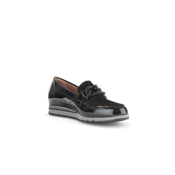 Gabor Bea women's black patent leather slip-on loafers with decorative bow, cushioned sole, and sporty outsole.