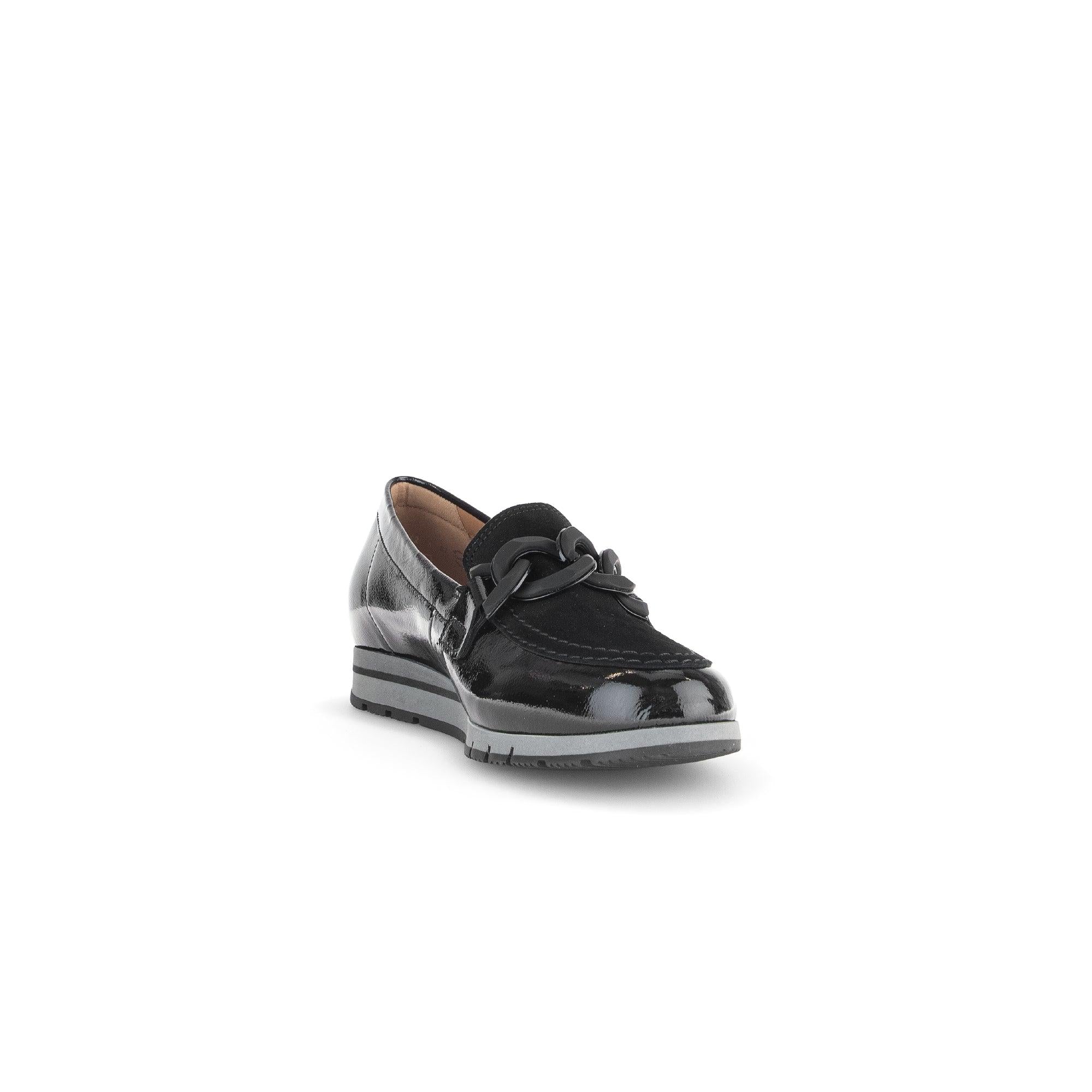Gabor Bea Ladies Black Patent Leather Slip-On Loafers with Decorative Knot and Cushioned Sole.