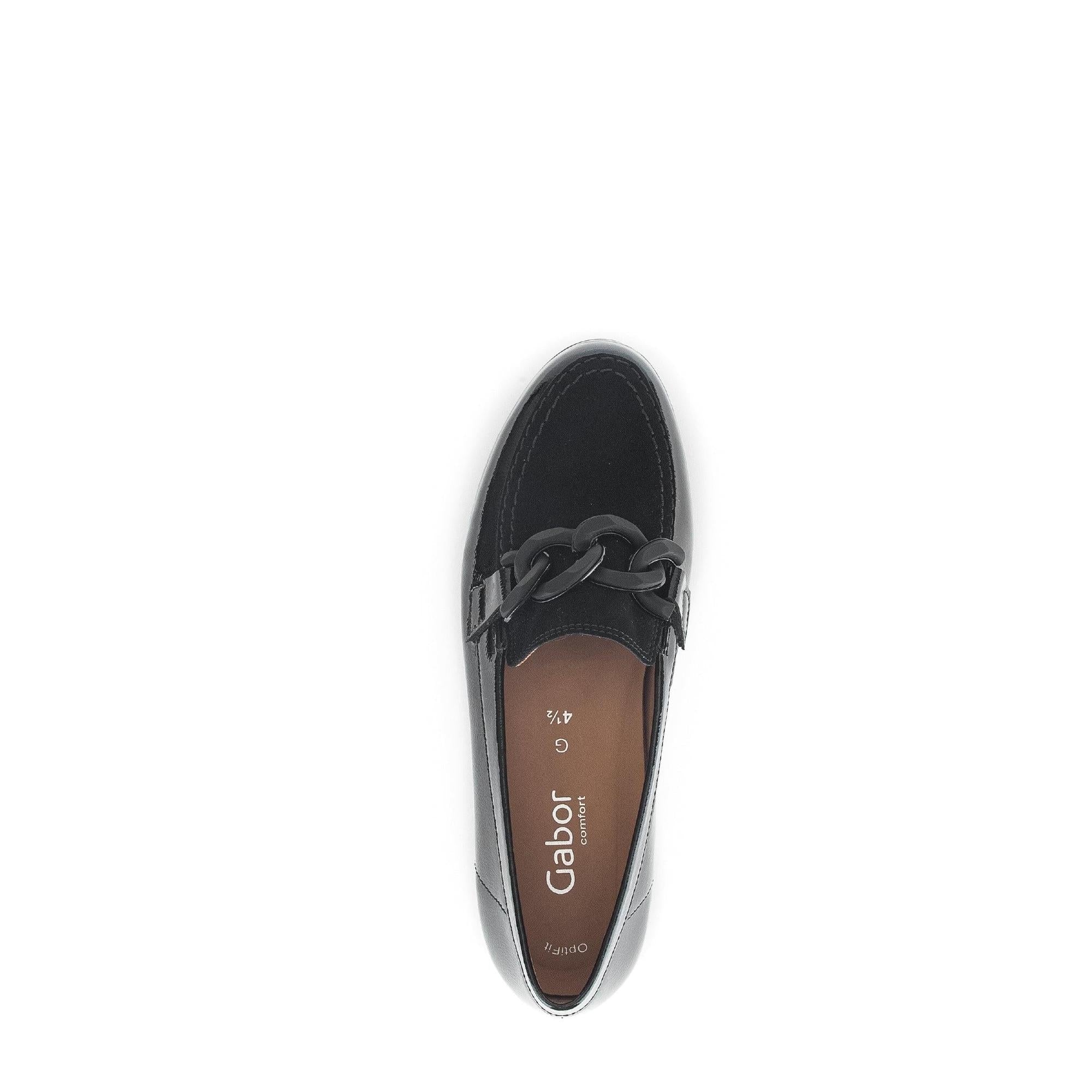 Gabor women's black patent leather slip-on loafers with chain detail, comfortable flat shoe for casual or formal wear.