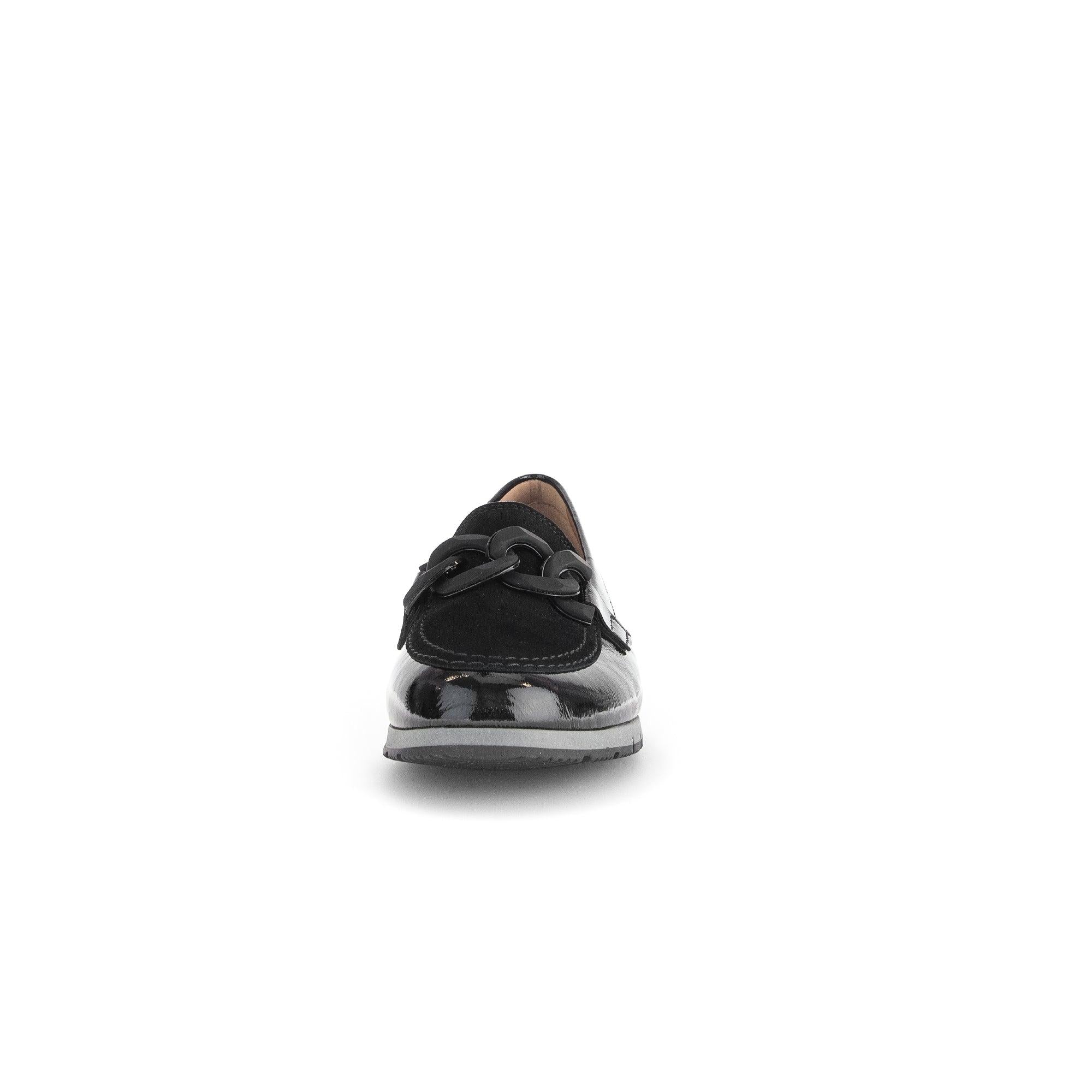 Gabor women's black patent leather slip-on loafers with decorative chain detail and low heel.