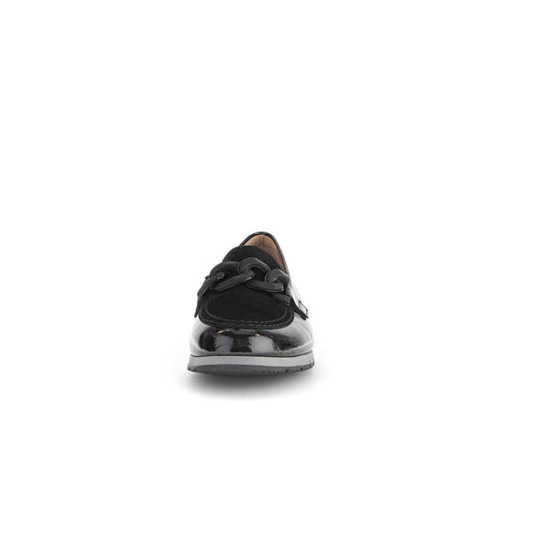 Gabor women's black patent leather slip-on loafers with decorative chain detail and low heel.