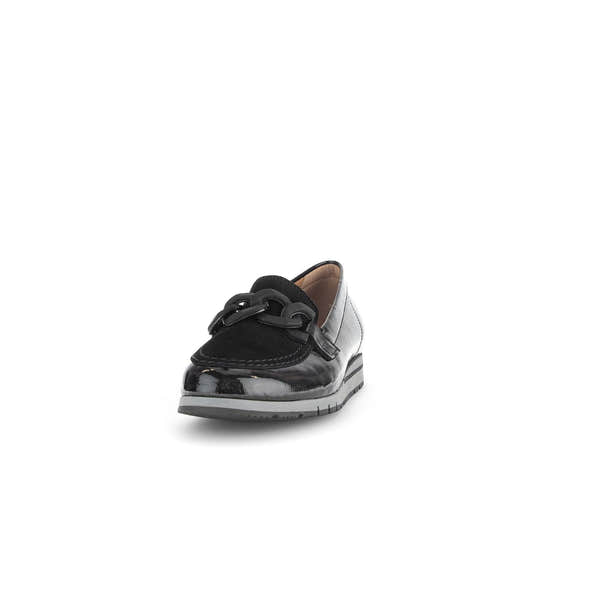 Gabor Ladies Black Patent Leather Slip-On Loafers with Chain Detail, Cushioned Sole, and Rounded Toe for Comfort and Style.