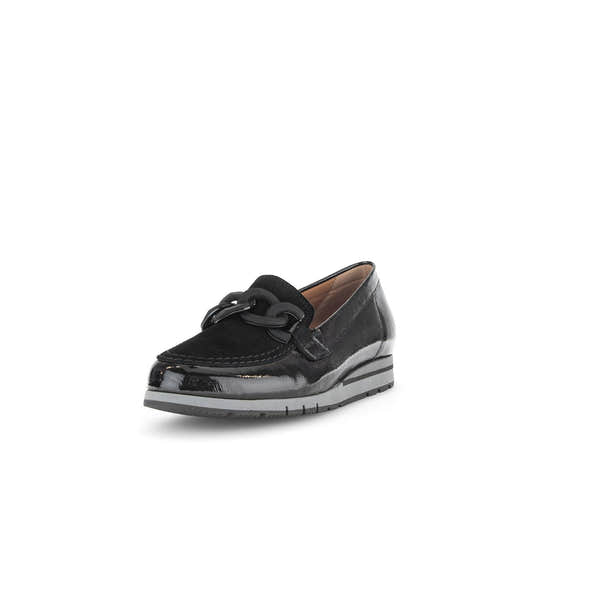 Gabor Bea women's black patent leather slip-on loafers with chain detail and cushioned sole.