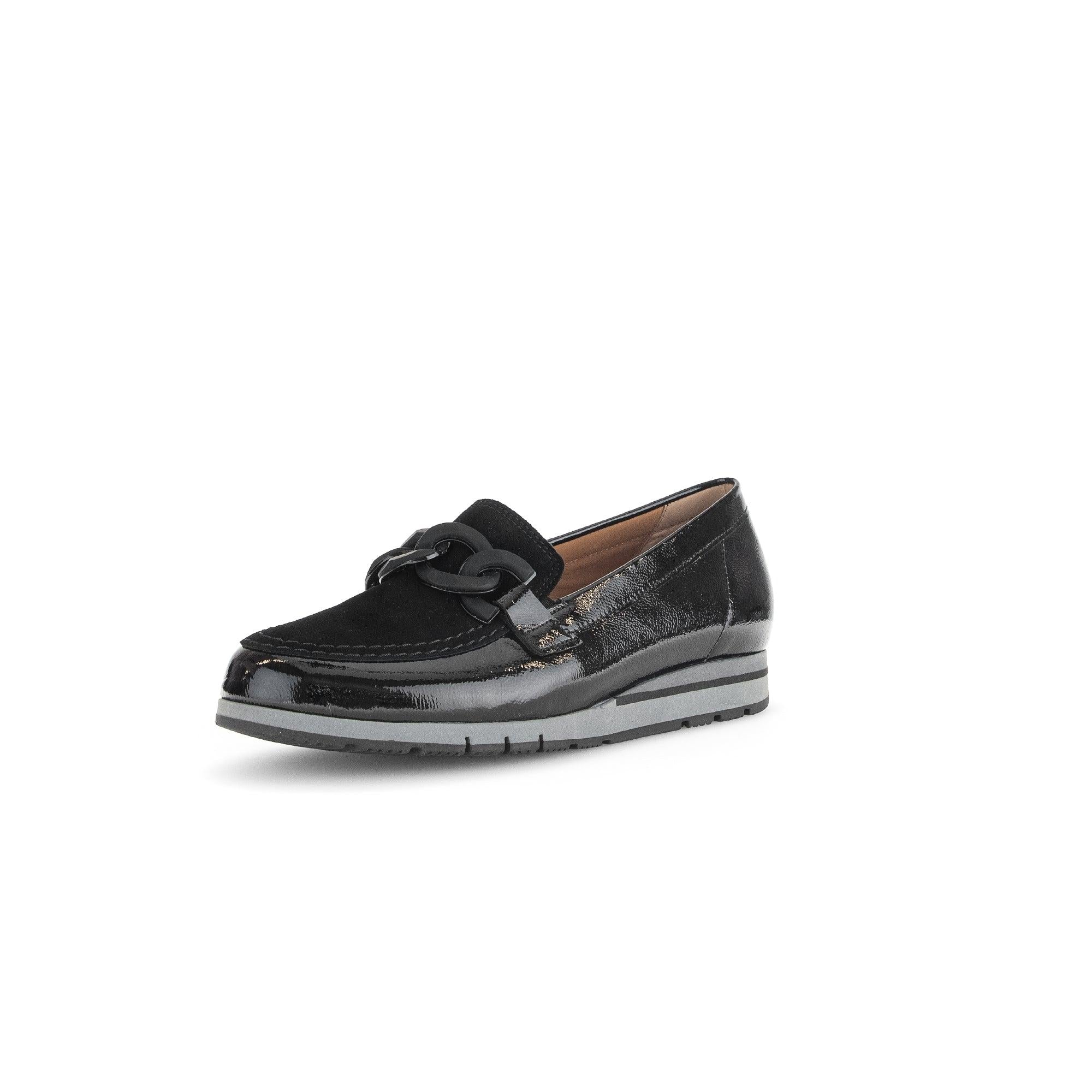 Gabor 72.415.87 black patent leather slip-on loafers for women with chain detail, cushioned sole, and stylish design.