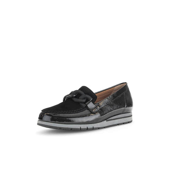 Gabor 72.415.87 black patent leather slip-on loafers for women with chain detail, cushioned sole, and stylish design.