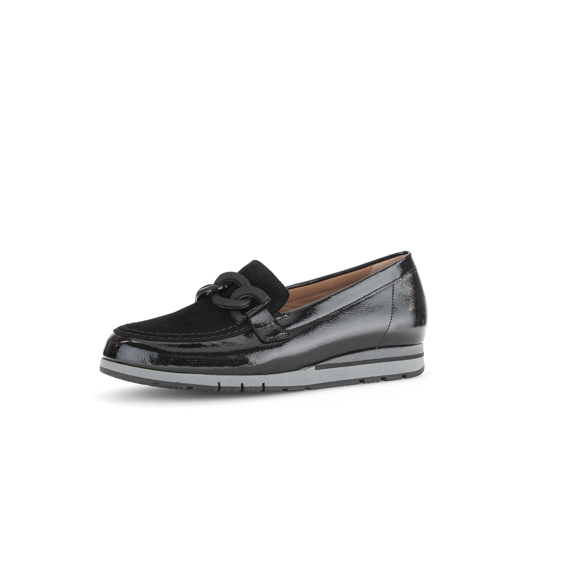 Gabor Women's Black Patent Leather Slip-On Loafers with Chain Detail and Cushioned Sole.