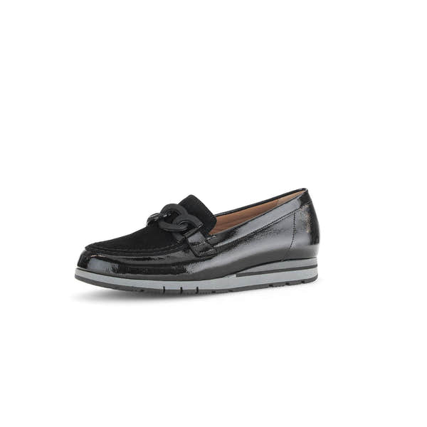 Gabor Women's Black Patent Leather Slip-On Loafers with Chain Detail and Cushioned Sole.