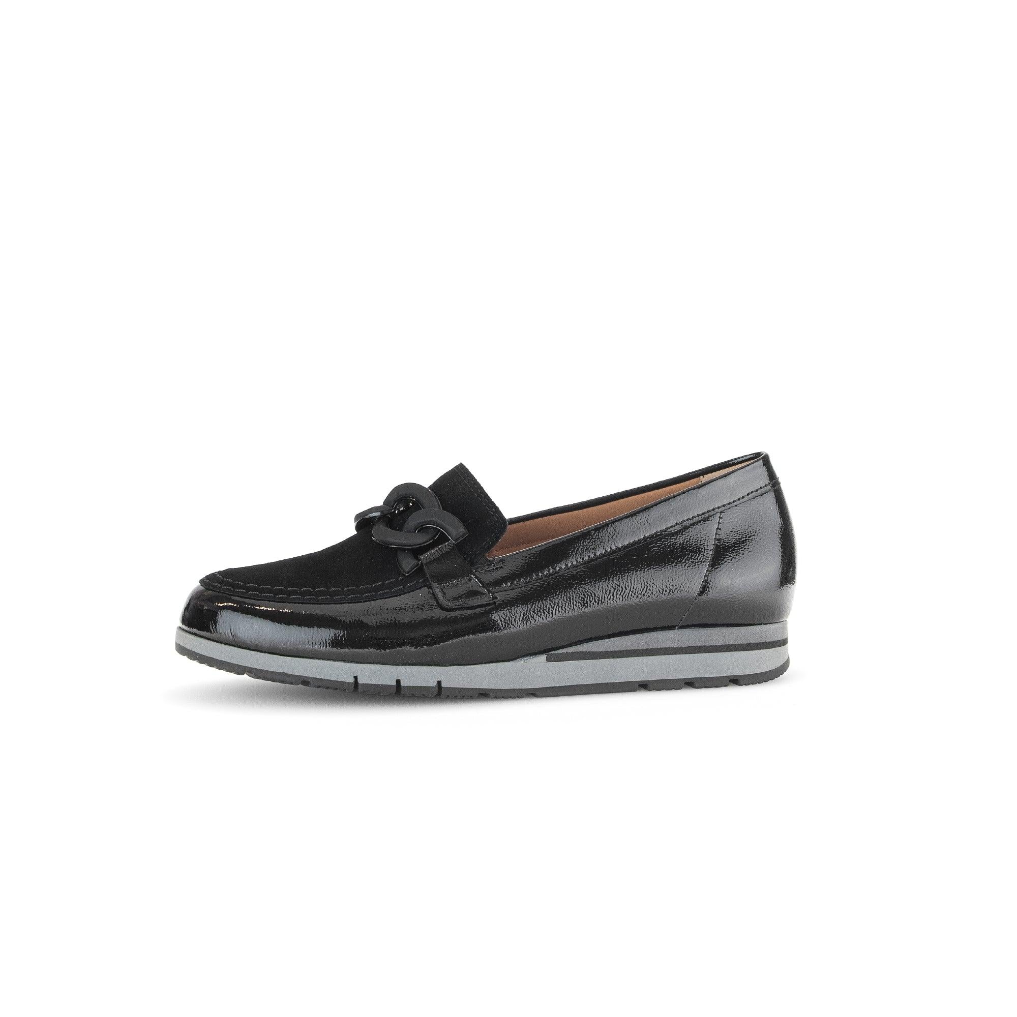 Gabor 72.415.87 Bea black slip-on loafers for women with soft patent leather and stylish chain accent.